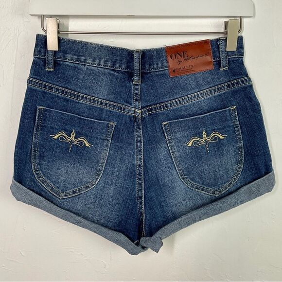 One x One Teaspoon Blue Harlets Cuffed High Rise Denim Jean Shorts 25 - Picture 5 of 7